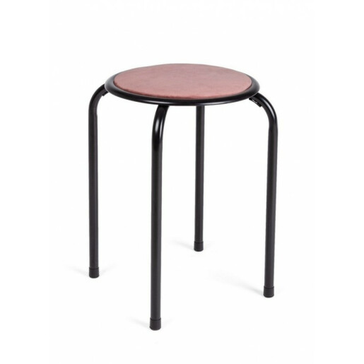 Taburet cu picioare din fier negru si sezut din velur roz Amal 30x30x45 cm