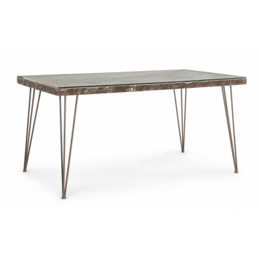 Masa cu picioare fier maro blat ceramica si sticla 160 cm x 90 cm x 77 h
