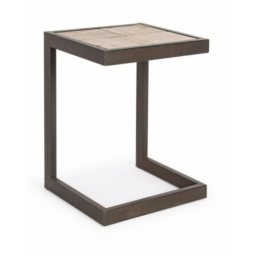 Taburet din fier maro cu sezut lemn natur Blocks 36x32x47 cm