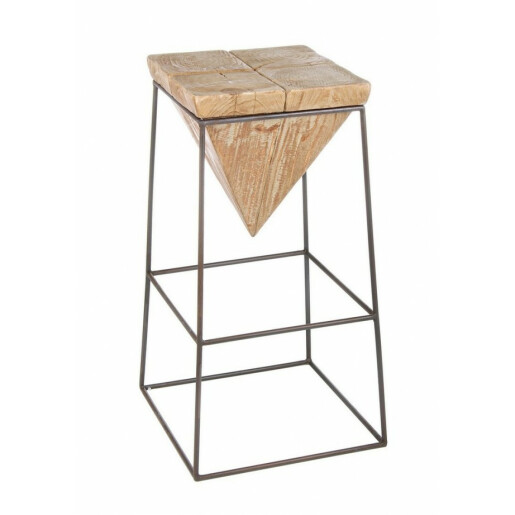 Scaun de bar cadru fier maro si sezut lemn natur Prismy 38x38x70 cm