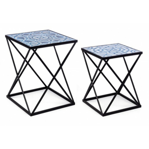 Set 2 masute cafea cu cadru din fier negru si blat mdf Neapolis 36 cm x 36 cm x 47 h; 42 cm x 42 cm x 55 h 