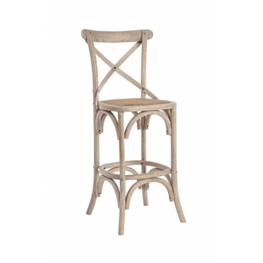Scaun de bar din lemn gri cu sezut din rattan Cross 50 cm x 52 cm x 118 h x 73 h1