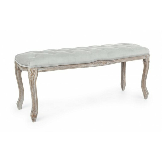 Bancuta cu picioare lemn maro patinat si tapiterie catifea gri Mathilde 110 cm x 36 cm x 47 h