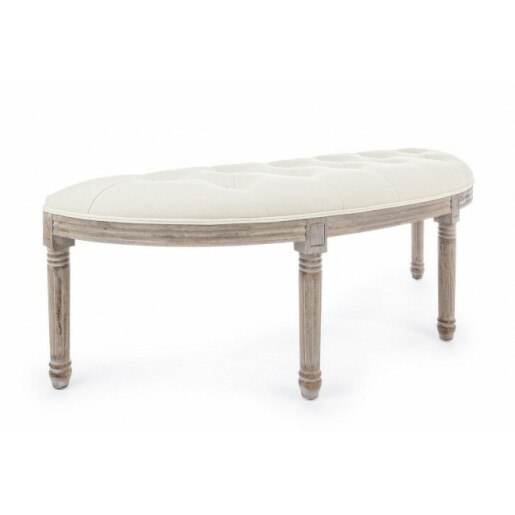 Bancuta cu picioare lemn maro patinat si tapiterie catifea crem Tilde 125 cm x 42 cm x 48 h