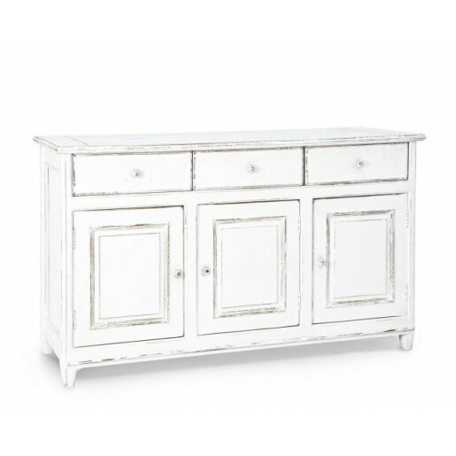 Comoda 3 sertare 3 usi din lemn alb vintage Colette 150 cm x 45 cm x 90 h