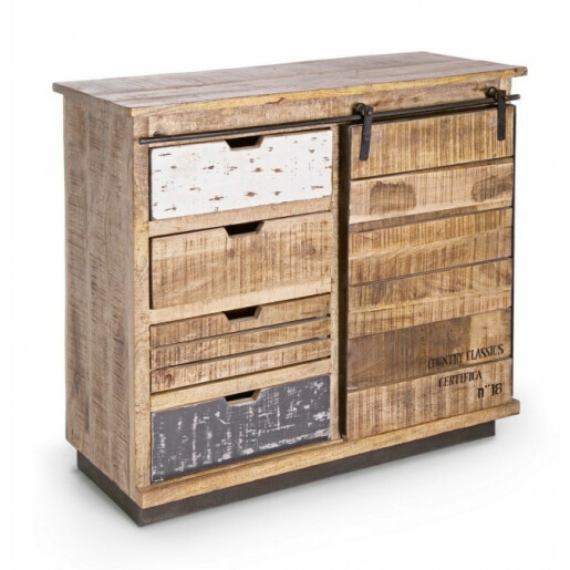 Comoda cu 4 sertare si 1 usa mobila din lemn mango maro gri Tudor 90 cm x 35 cm x 85 h