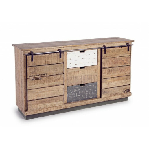 Comoda cu 4 sertare si 2 usi mobile din lemn mango maro gri alb Tudor 150 cm x 38 cm x 85 h