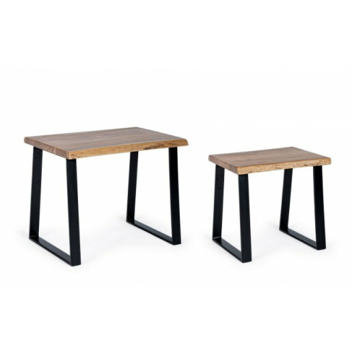 Set 2 masute cu picioare din fier negru si blat lemn natur Artur 55 cm x 40 cm x 46 h; 41 cm x 35 cm x 40 h