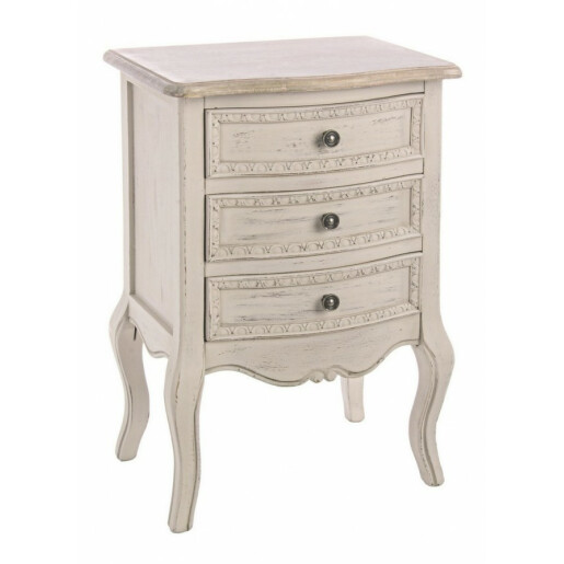 Comoda cu 3 sertare din lemn bej maro antichizat Clarisse 48 cm x 35 cm x 69 h