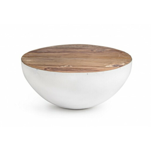 Masuta cafea metal alb cu blat lemn natur Lancaster Ø 70 cm x 32 h