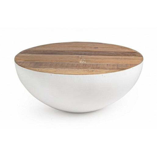 Masuta cafea metal alb cu blat lemn natur Lancaster Ø 90 cm x 38  h