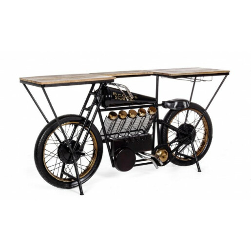 Consola tip Bar model Motocicleta din fier negru si lemn natur 183 cm x 43 cm x 89 h