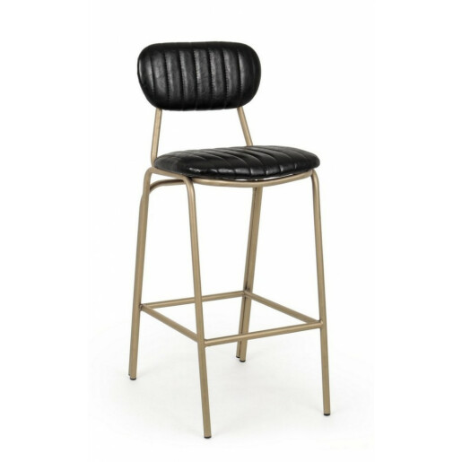 Scaun de bar cu spatar picioare fier auriu si sezut piele ecologica neagra Addy 41 cm x 51 cm x 100 h x 73 h1