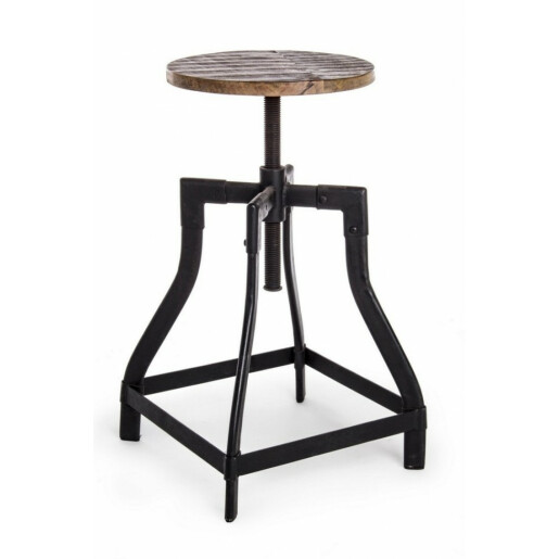 Taburet din fier negru sezut cu inaltime reglabila lemn mango maro Revolve Ø 35 cm x 70 h