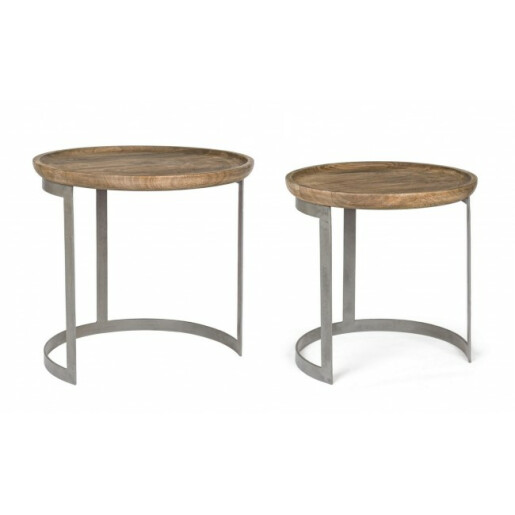 Set 2 masute din fier gri si blat lemn mango maro Narvik Ø 53 cm x 51 h; Ø 43 cm x 43 h