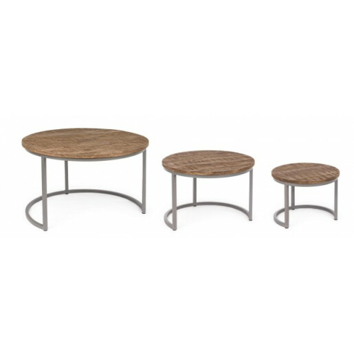 Set 3 masute din fier gri si blat lemn mango maro Narvik Ø 78 cm x 47 h