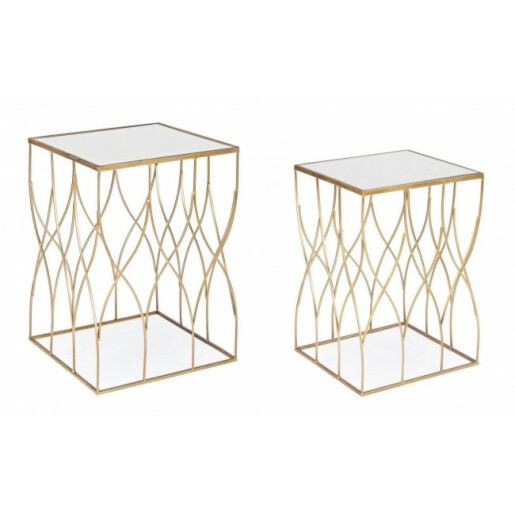 Set 2 masute cafea blat oglinda cadru fier auriu Elenor 36x36x51 cm, 41x41x56 cm