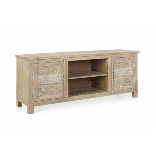 Comoda 2 usi cu polita lemn natur cu patina alba Mayra 150 cm x 40 cm x 60 h