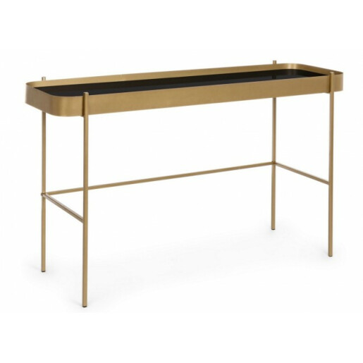 Consola din fier auriu cu blat din sticla neagra Rashida 120.5 cm x 43 cm x 75 h 
