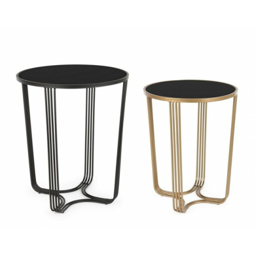 Set 2 masute cafea blat sticla cadru fier negru auriu  Afef Ø 42 cm x 54.5 h; Ø 50 cm x 60 h 