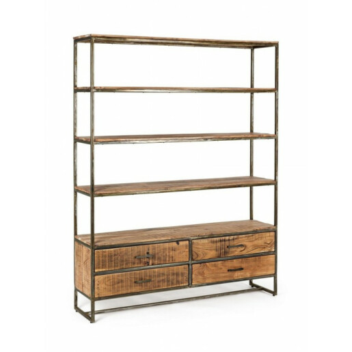 Biblioteca cu 4 polite si 4 sertare din fier gri patinat si lemn maro Elmer 145 cm x 35 cm x 190 h