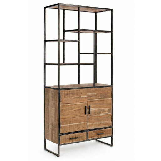 Biblioteca lemn natur si fier negru cu patina argintie Elmer 90 cm x 40 cm x 200 h