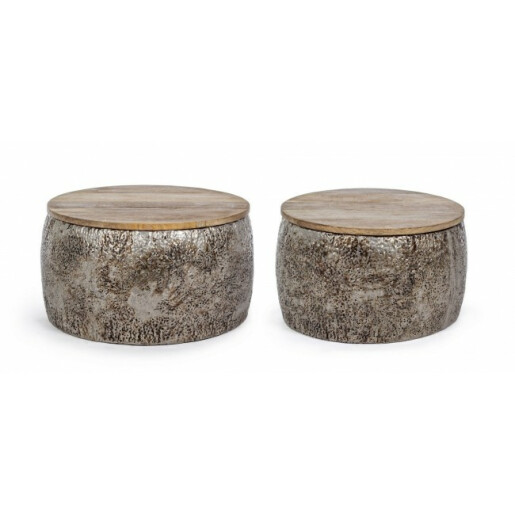 Set 2 masute metal argintiu vintage cu blat lemn natur Kalindi Ø 51 cm x 28 h; Ø 60 cm x 30 h 