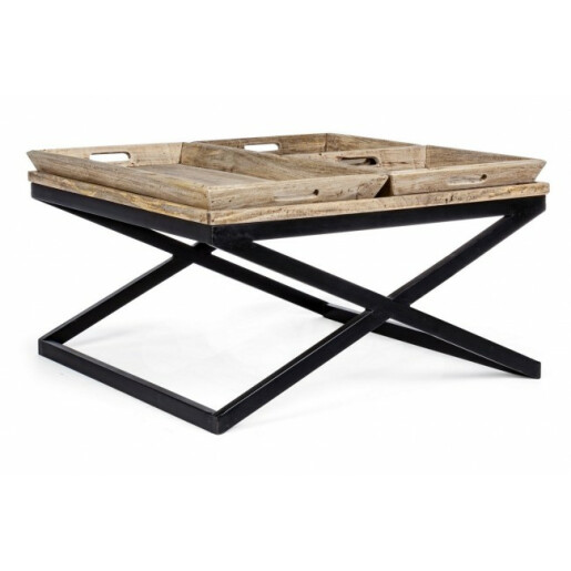 Masuta cafea blat lemn natur cu 3 tavi servire cadru fier negru Tray 90 cm x 90 cm x 52 h