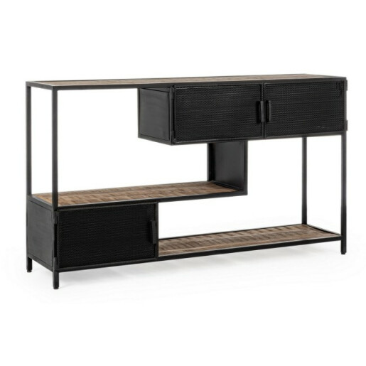 Consola cu 3 usi din fier negru  si 2 polite din lemn maro Roderic 140 cm x 35 cm x 82 h