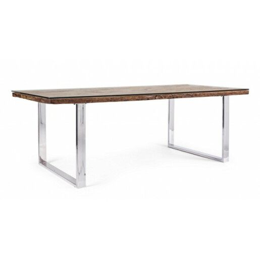 Masa picioare inox cu blat lemn maro si sticla Stanton 220 cm x 100 cm x 76 h