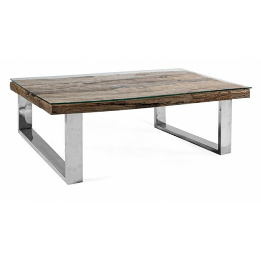 Masuta de cafea cu picioare inox si blat din lemn maro si sticla Stanton 100 cm x 100 cm x 40 h