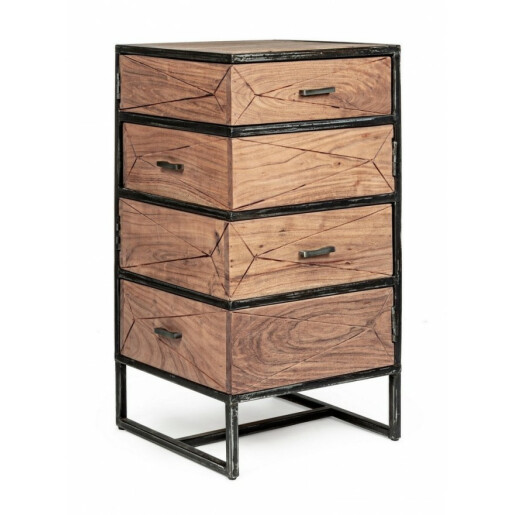 Comoda cu 4 sertare laterale din lemn maro si cadru fier negru cu patina argintie Egon 45 cm x 45 cm x 90 h