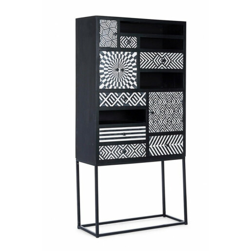 Dulap 4 usi 6 sertare lemn negru alb Janesh 180 cm x 40 cm x 85 h