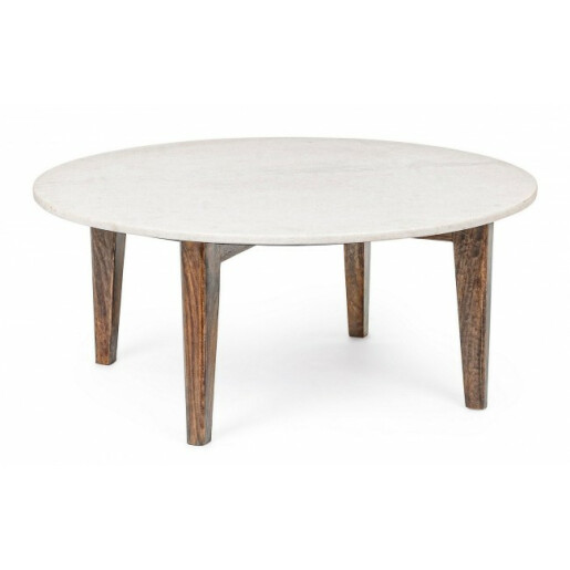 Masuta cafea blat marmura alba picioare lemn Sylvester Ø 75 cm x 32 h