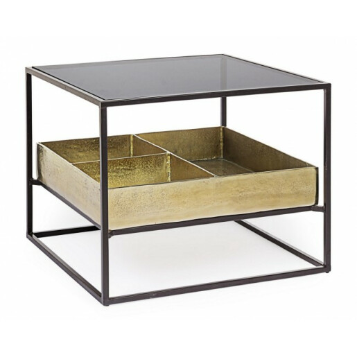 Masuta de cafea din fier auriu negru cu blat sticla Mavila 62 cm x 62 cm x 50 h