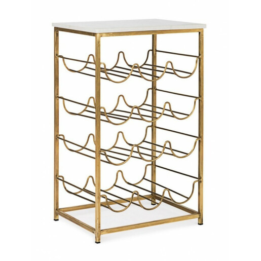 Suport sticle vin din fier auriu si blat marmura alba Marmol 39 cm x 29 cm x 65 h