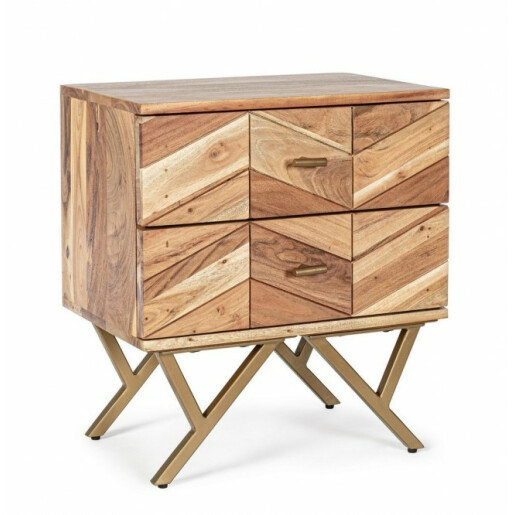 Noptiera cu 2 sertare din lemn maro si picioare din fier auriu Raida 50 cm x 35 cm x 55 h