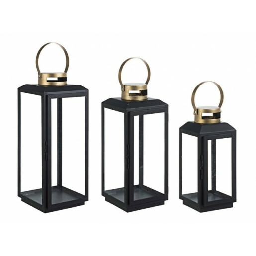 Set 3 felinare metal negru auriu Crissie 13x12.3x28.5 cm, 16.5x15.8x38 cm, 21x20x49 cm