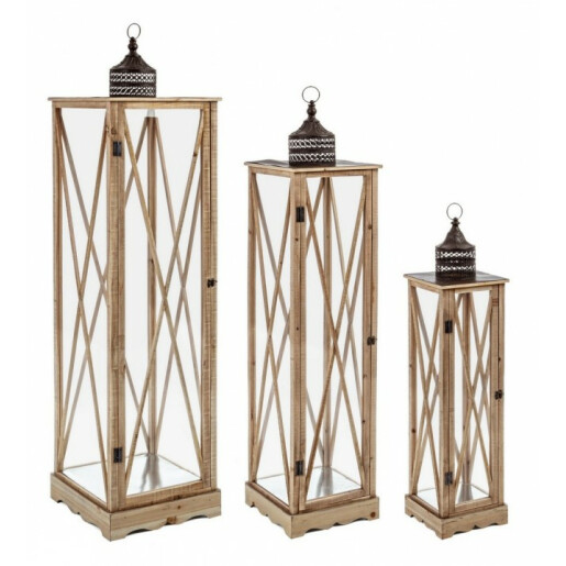 Set 3 felinare lemn natur metal maro Bucarest 24 cm x 24 cm x 98 h, 32 cm x 32 cm x 136 h, 40 cm x 40 cm x 162 h