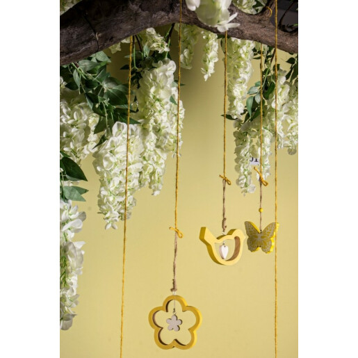 Set 12 decoratiuni suspendabile lemn galben alb Floare 10x10x2 cm