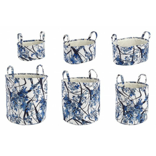 Set 6 cosuri depozitare din textil alb albastru Ø 43 cm x 45 h; 40 cm x 30 cm x 20 h