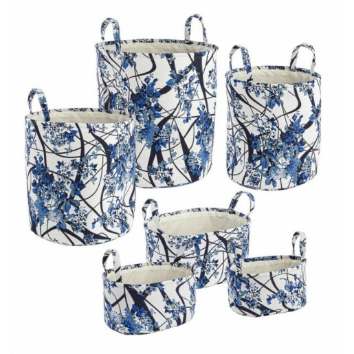 Set 6 cosuri depozitare din textil alb albastru Ø 43 cm x 45 h; 40 cm x 30 cm x 20 h