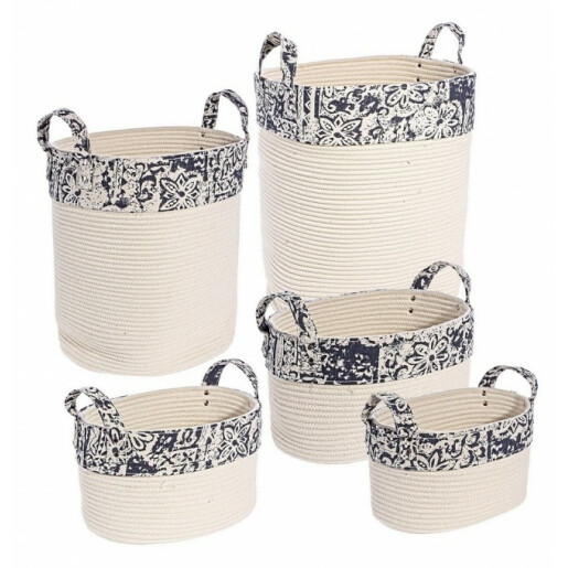 Set 5 cosuri depozitare din poliester crem si bumbac albastru ø 40 cm x 50 h