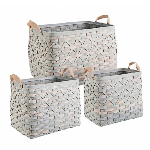 Set 3 cosuri dreptunghiulare depozitare din lemn gri Lisette 56 cm x 42 cm x 41 h