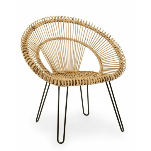 Fotoliu cu picioare fier negru si rattan natur Esteban 83 cm x 64 cm x 89 h