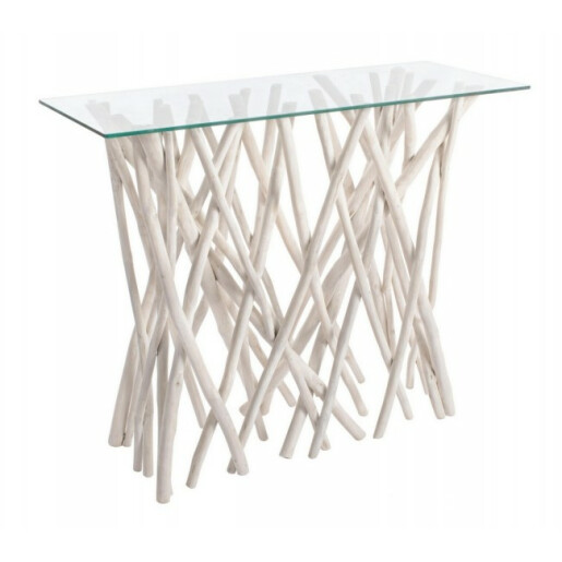 Consola lemn alb patinat cu blat sticla Sahel 100 cm x 40 cm x 80 h