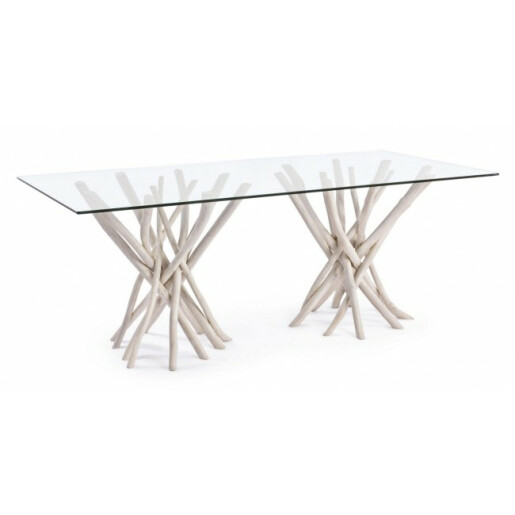 Masa lemn alb blat sticla Sahel 200x100x76 cm