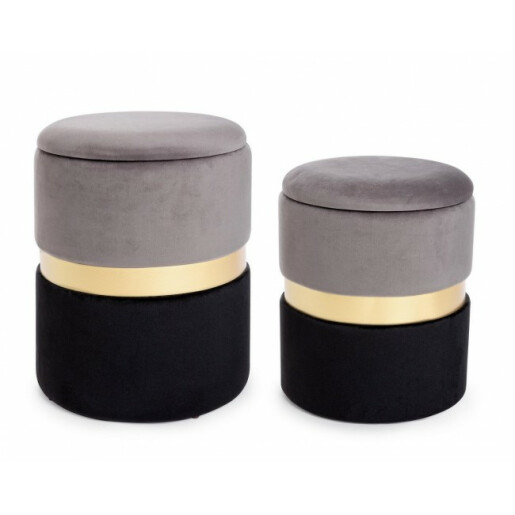 Set 2 tabureti catifea gri neagra baza metal auriu cu spatiu depozitare Polina Ø 31.5 cm x 38 h; Ø 36 cm x 44 h 
