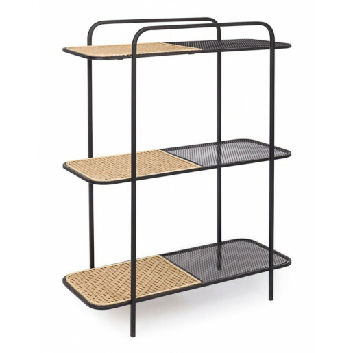 Raft fier forjat pentru 3 polite negru si rattan natur Elyot 82 cm x 35 cm x 100 h