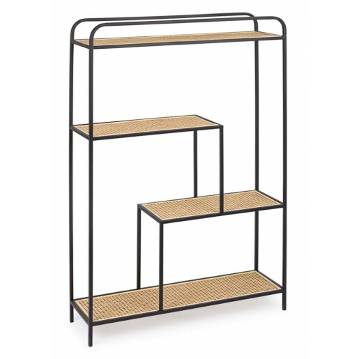 Raft fier forjat 4 polite negru si rattan natur Elyot 82 cm x 35 cm x 100 h